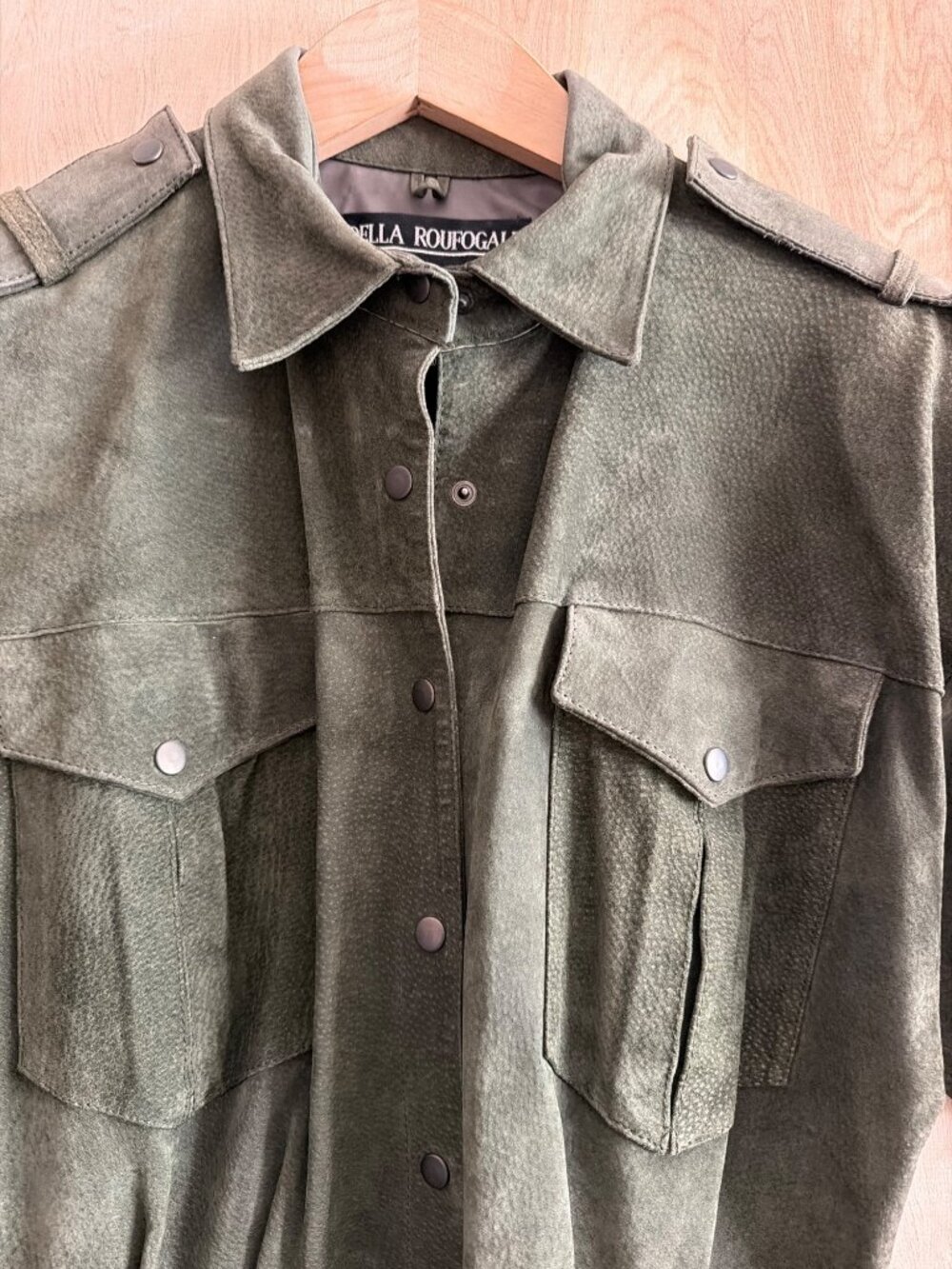 Vintage Della Roufogali Olive Green Suede Leather Safari Shirt Dress Size 10 - Picture 6 of 14